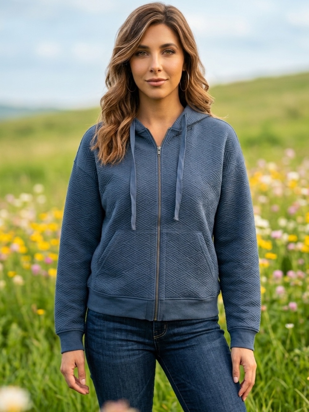 ThirdLove Quilted Full-Zip Hoodie in Slate Blue Size XL